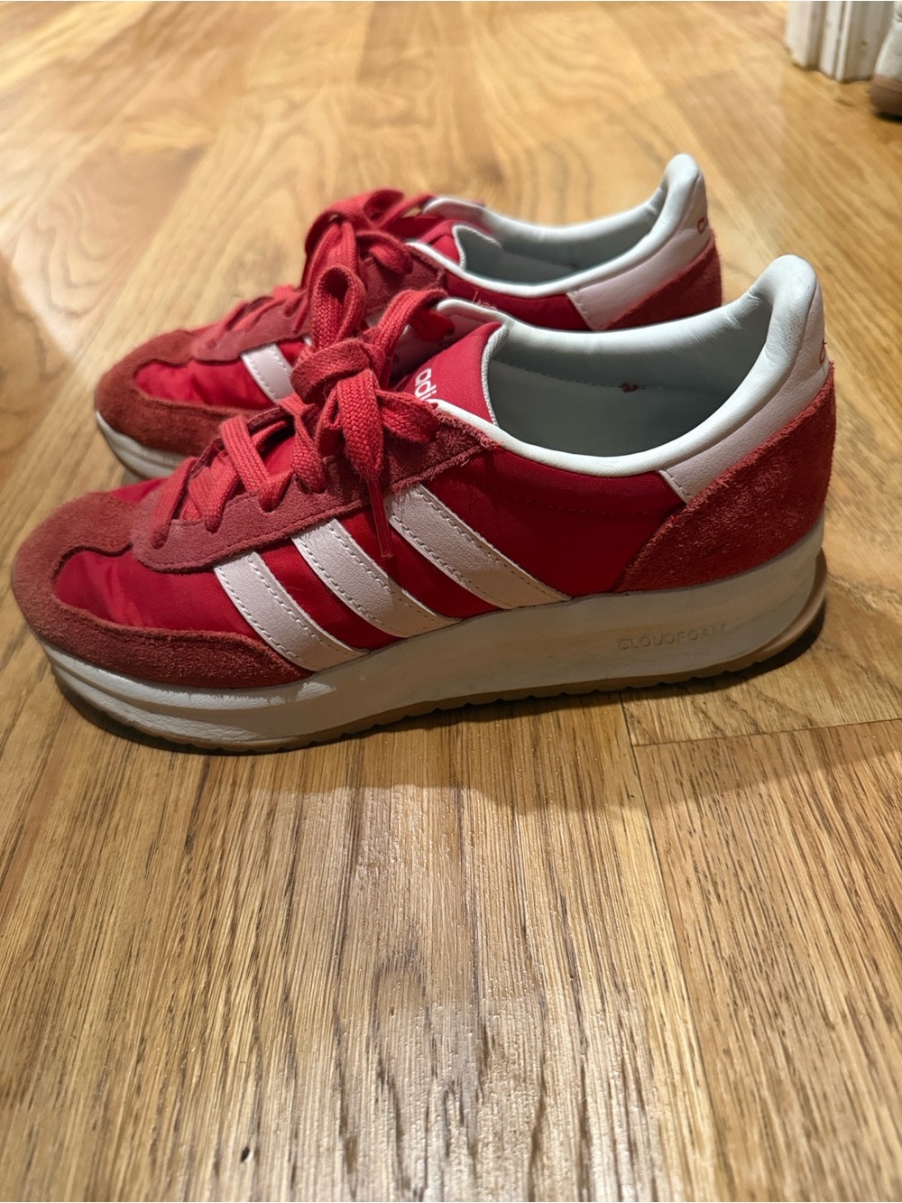 adidas Women's Red Athletic Sneakers with White Stripes